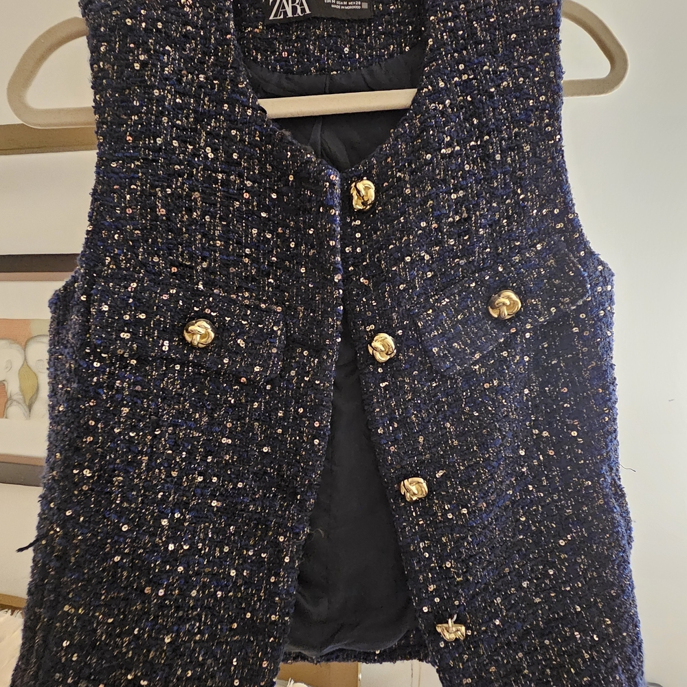 ✨ ZARA Blue & Gold Tweed Sleeveless Vest Top – Size Medium ✨ - Picture 6 of 6